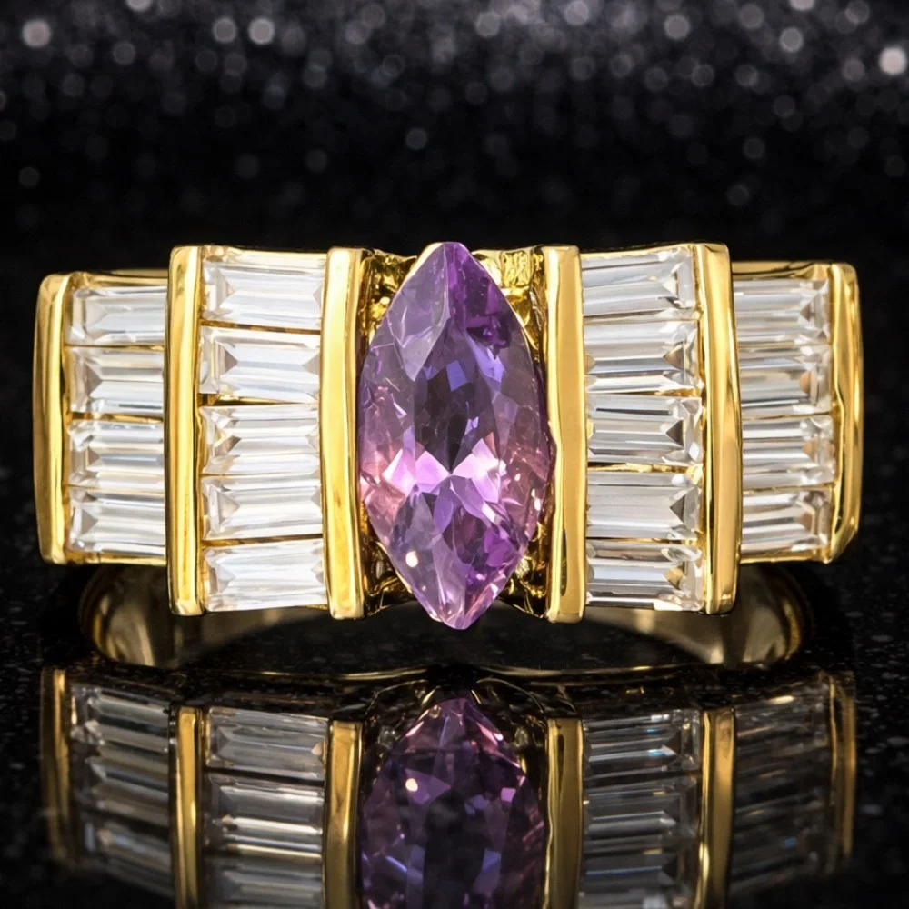 Suzanne Somers vintage Marquise cut amethyst baguette CZ Cocktail statement ring